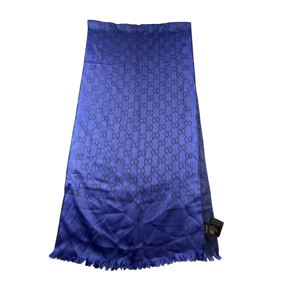 Gucci GG Monogram Scarf Blue Silk Blend Eyelash Fringe Made in Italy Luxury
